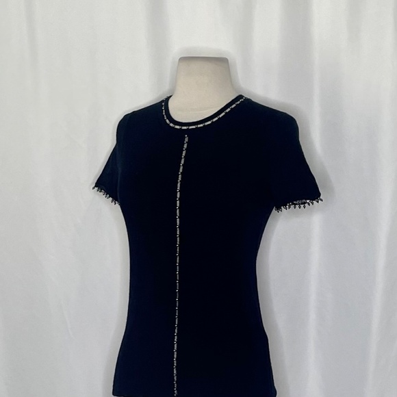 ELIE TAHARI Black Merino Wool Beaded Studded Short Sleeve Sweater Knitwear Small - Picture 6 of 11